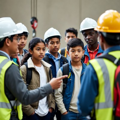 Students learn from construction workers