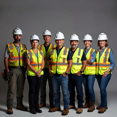 Construction team poses together indoors