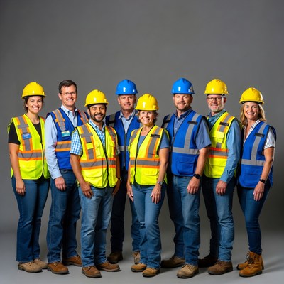 Team of workers posing in safety gear