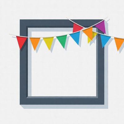 Colorful flags above empty frame