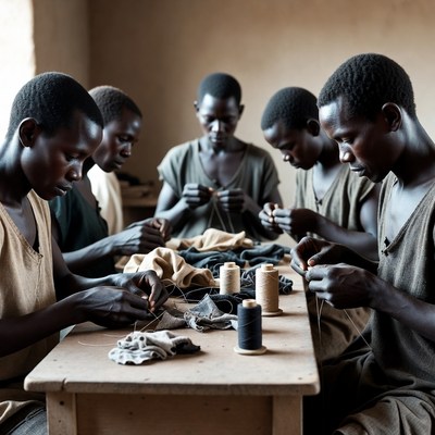 Workers make garments in workshop setting