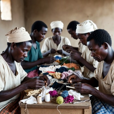 Women sewing colorful fabrics together