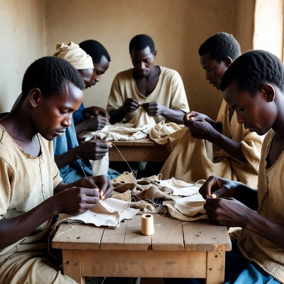 Group of men stitching fabric together