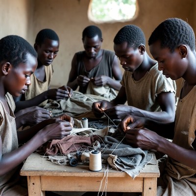 Young people sewing together in workshop