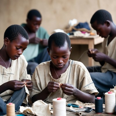 Children learning sewing skills in workshop