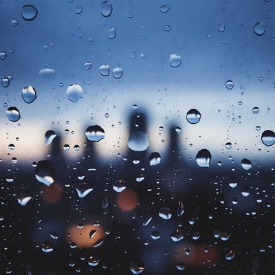 Rain on window with city view