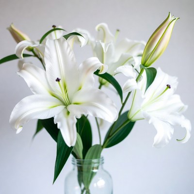 White lilies in a glass jar