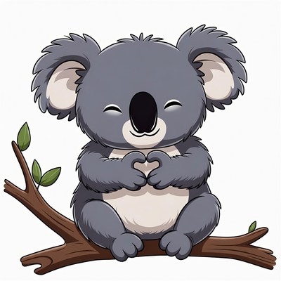 Koala holding heart on branch