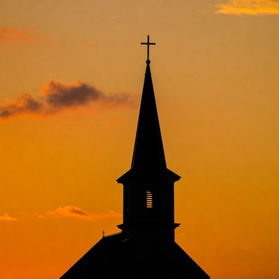 Sunset view of church spire