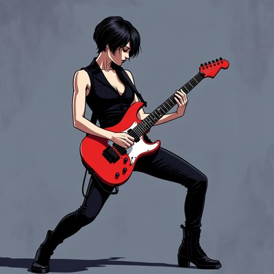 Woman plays red guitar creatively