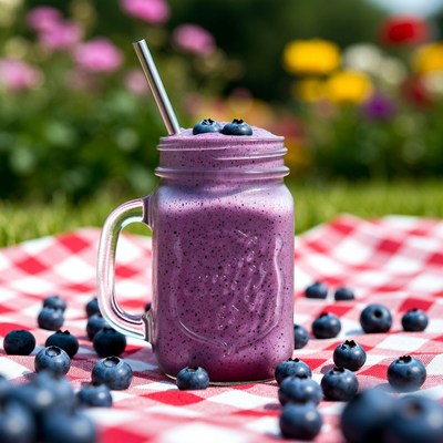 Berry smoothie on picnic blanket