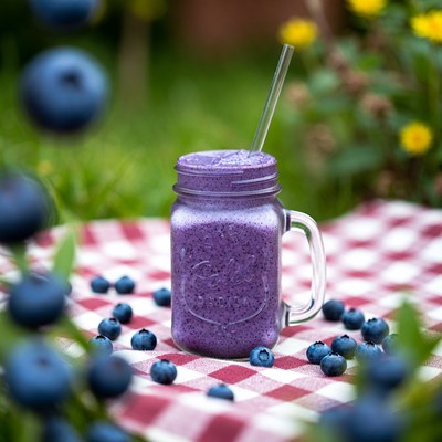 Blueberry smoothie on picnic blanket