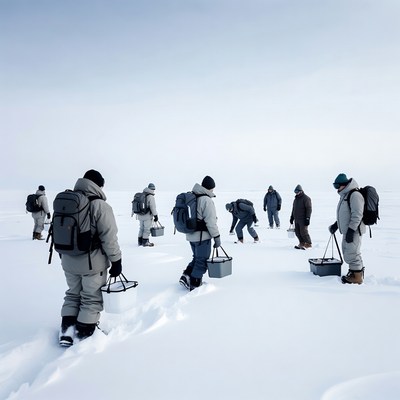 Researchers gather samples on snowy terrain