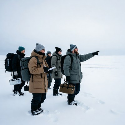 Group studies snow landscape in winter