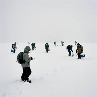 People fishing on a snowy frozen lake