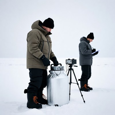 Researchers collect data in snowy landscape
