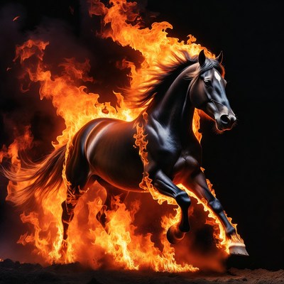Horse running through flames at night