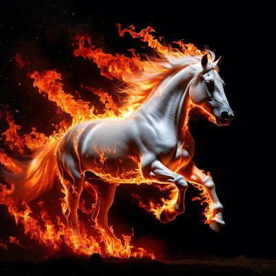 Horse running in flames at night