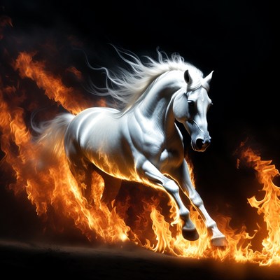 White horse runs through fire