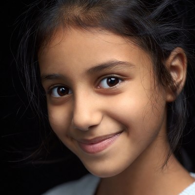 Girl smiles with gentle expression