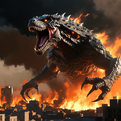Giant creature attacks city during fire
