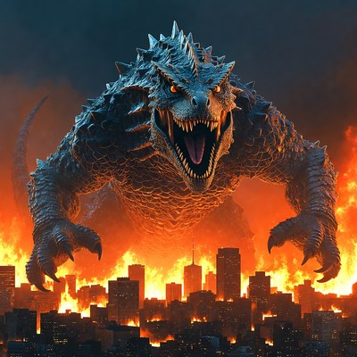 Giant monster destroys city at night