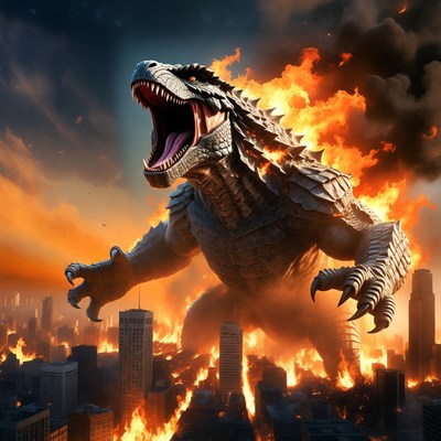 Giant creature attacks city landscape