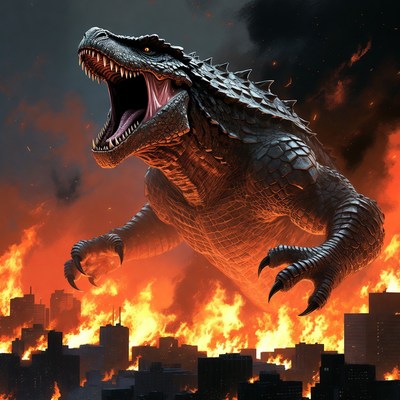 Dinosaur attacks city in flames