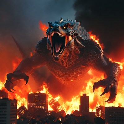 Giant creature attacks city at night