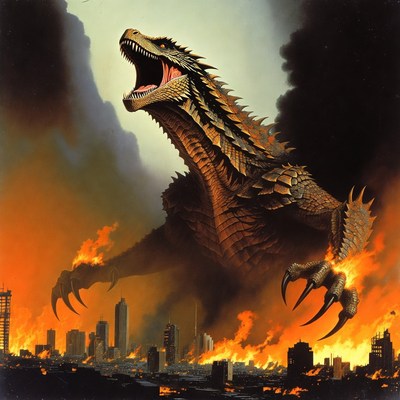 Giant creature attacks burning city