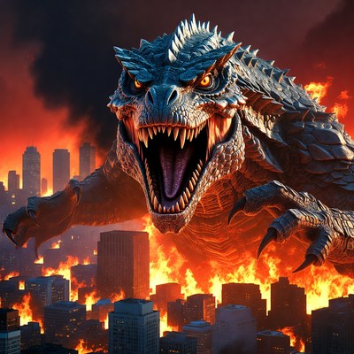 Monster attacks city at night