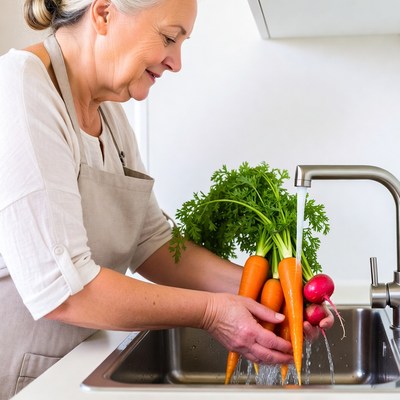 Woman washing vegetables in kitchen sink