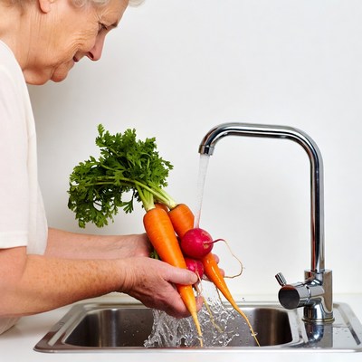 Washing fresh vegetables in the kitchen sink