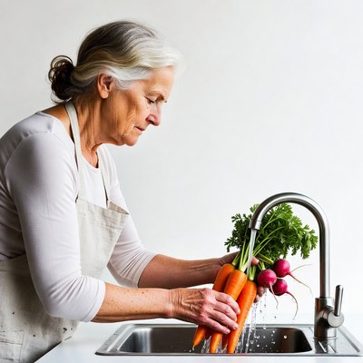 Washing carrots and radishes at a sink