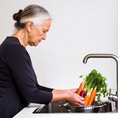 Woman washing vegetables in kitchen sink