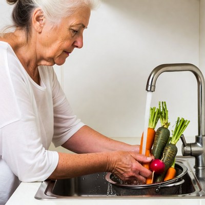 Washing fresh vegetables in kitchen sink