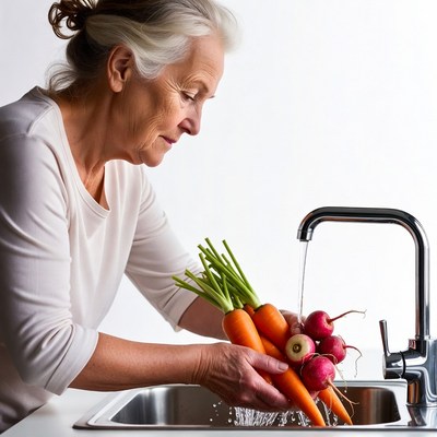 Cleaning fresh vegetables at the sink