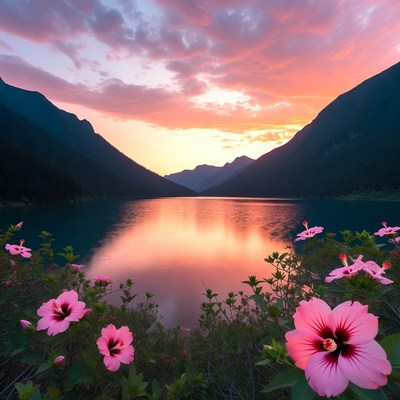Sunset at mountain lake with flowers