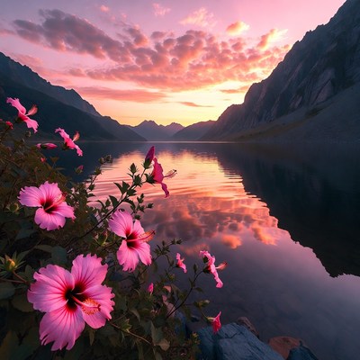 Sunset over lake with flowers
