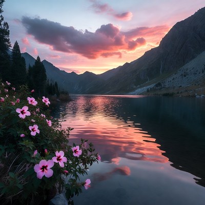 Sunset over mountain lake with flowers