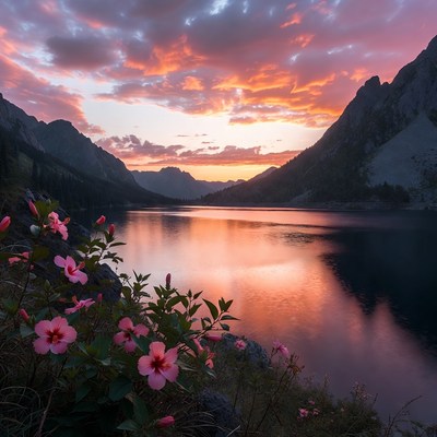 Flowers by the mountain lake at sunset