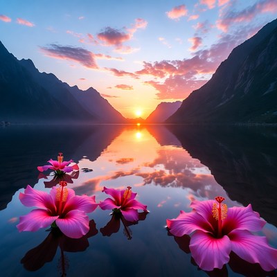 Sunset over lake with flowers