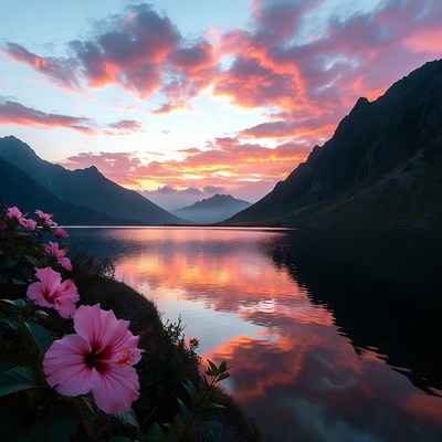 Sunset over lake with flowers