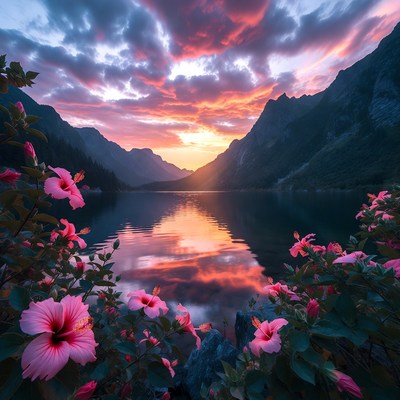 Sunset over lake with flowers in foreground