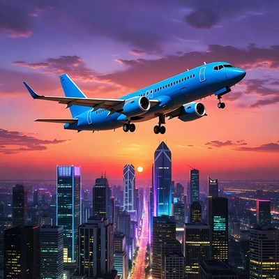 Skybound aircraft over city skyline at sunset