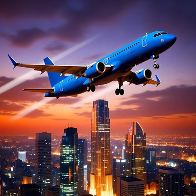 Blue airplane flying over city skyline