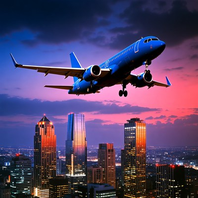 Airplane flying over city skyline at dusk