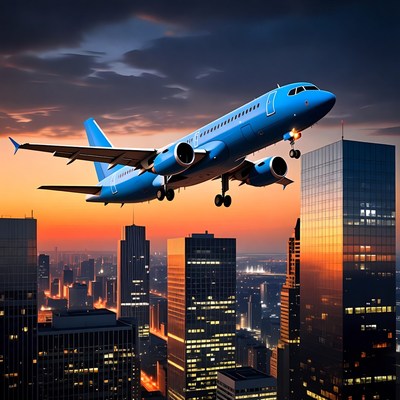 Airplane flying over city at sunset