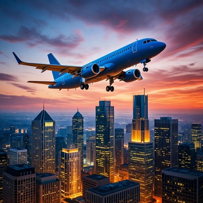 Airplane flying over city skyline at sunset