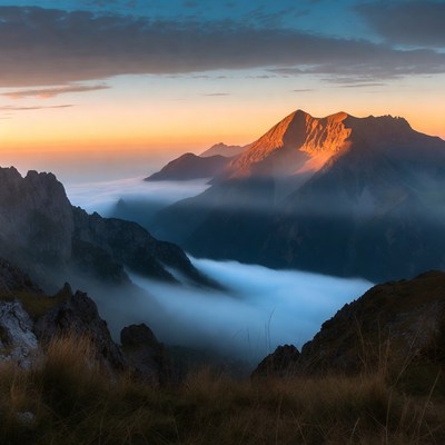 Mountain view at sunrise with clouds